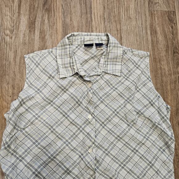 Vtg Y2K GAP Linen Sleeveless Blouse Women M Blue Plaid Preppy 2000s Boho Cottage - Picture 2 of 9